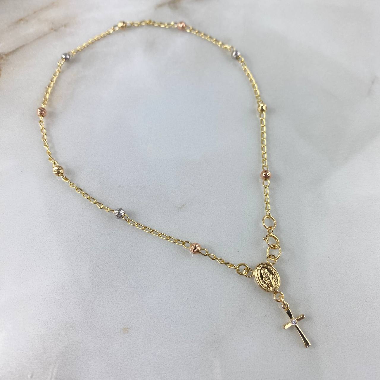 Tobillera Denario Virgen Milagrosa 3gr / 25cm / 3mm Bolas Diamantadas Circon Blanco Tres Oros