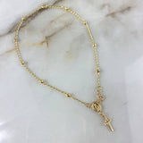 Tobillera Denario Virgen Milagrosa 3.1gr / 25.5cm / 3mm Bolas Diamantadas Cruz Latina Basteada Oro Amarillo