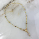 Tobillera Denario Virgen Milagrosa 3.05gr / 25.5cm / 3mm Bolas Diamantadas Circones Blancos Cruz Oro Amarillo