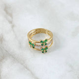 Anillo Tres Lineas Mariposa 4.2gr / T6 3/4 / Circones Blancos Verdes Oro Amarillo 18K *