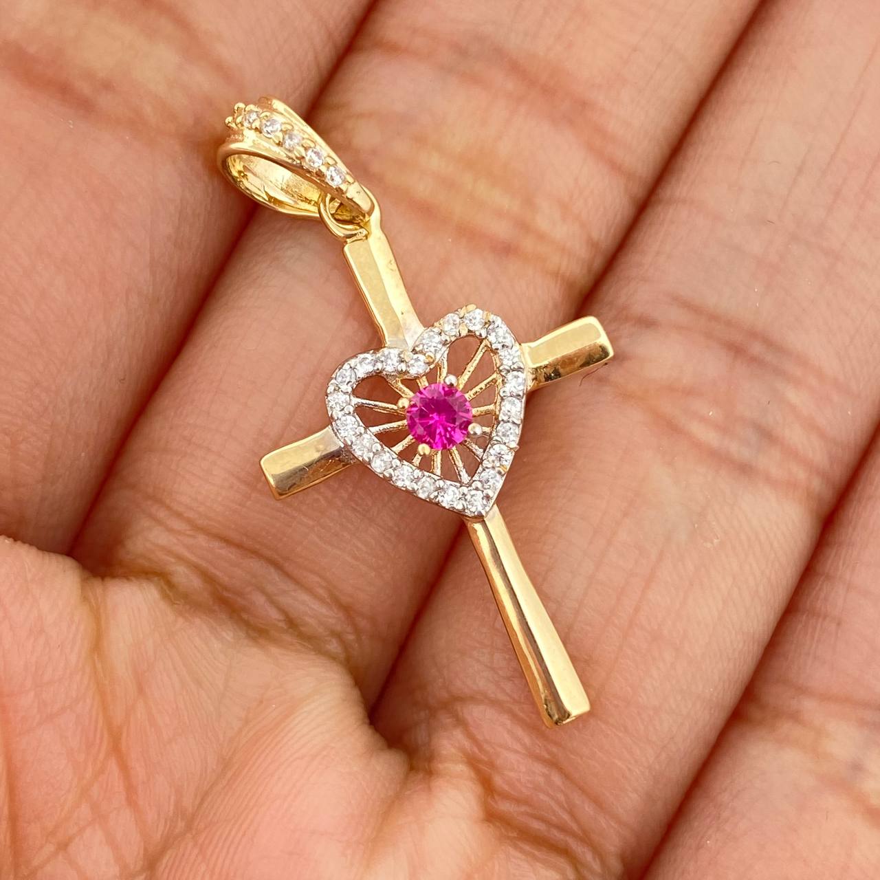 Dije Cruz Corazon 1.55gr / 3.5cm / Dos Oros Amarillo Blanco 18K %