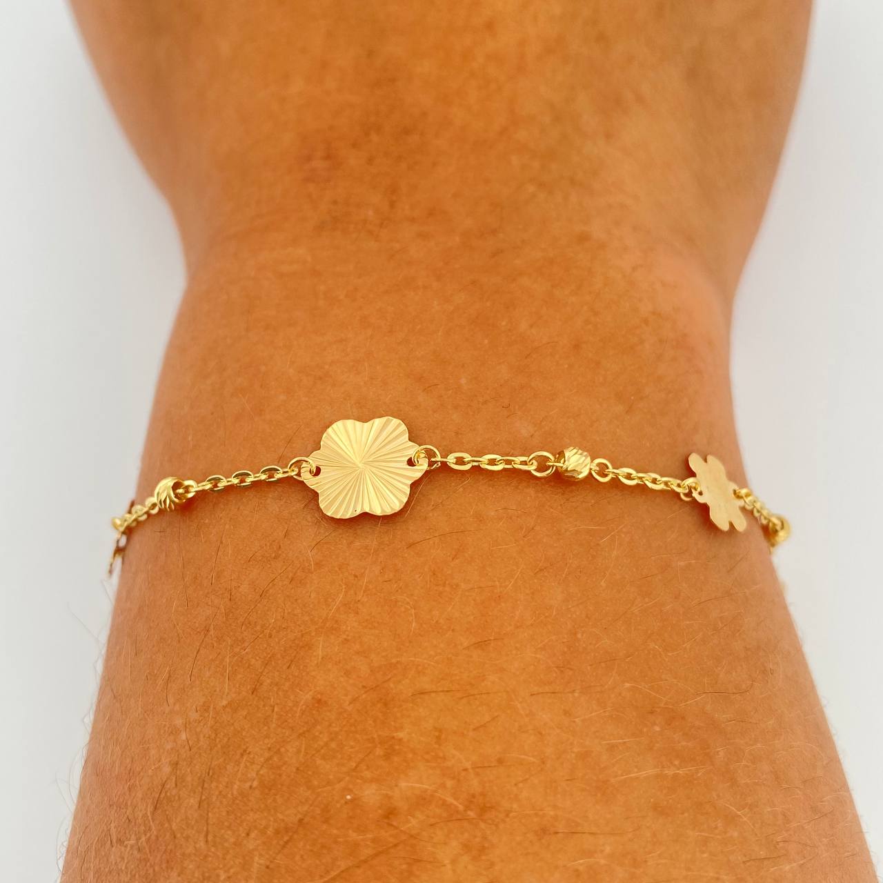 Pulso Aro Seguido Flor 1.8gr / 19cm / 3mm Oro Amarillo 18K &