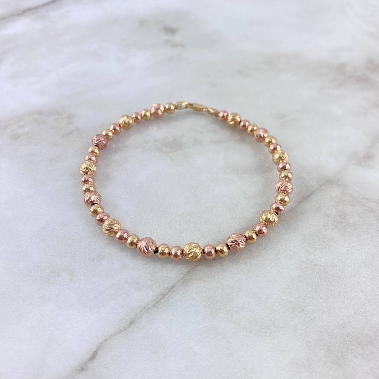 Pulso Aro 8.15gr / 19cm / 4mm-5mm Bolas Diamantadas Lisas Dos Oros Amarillo Rosa *