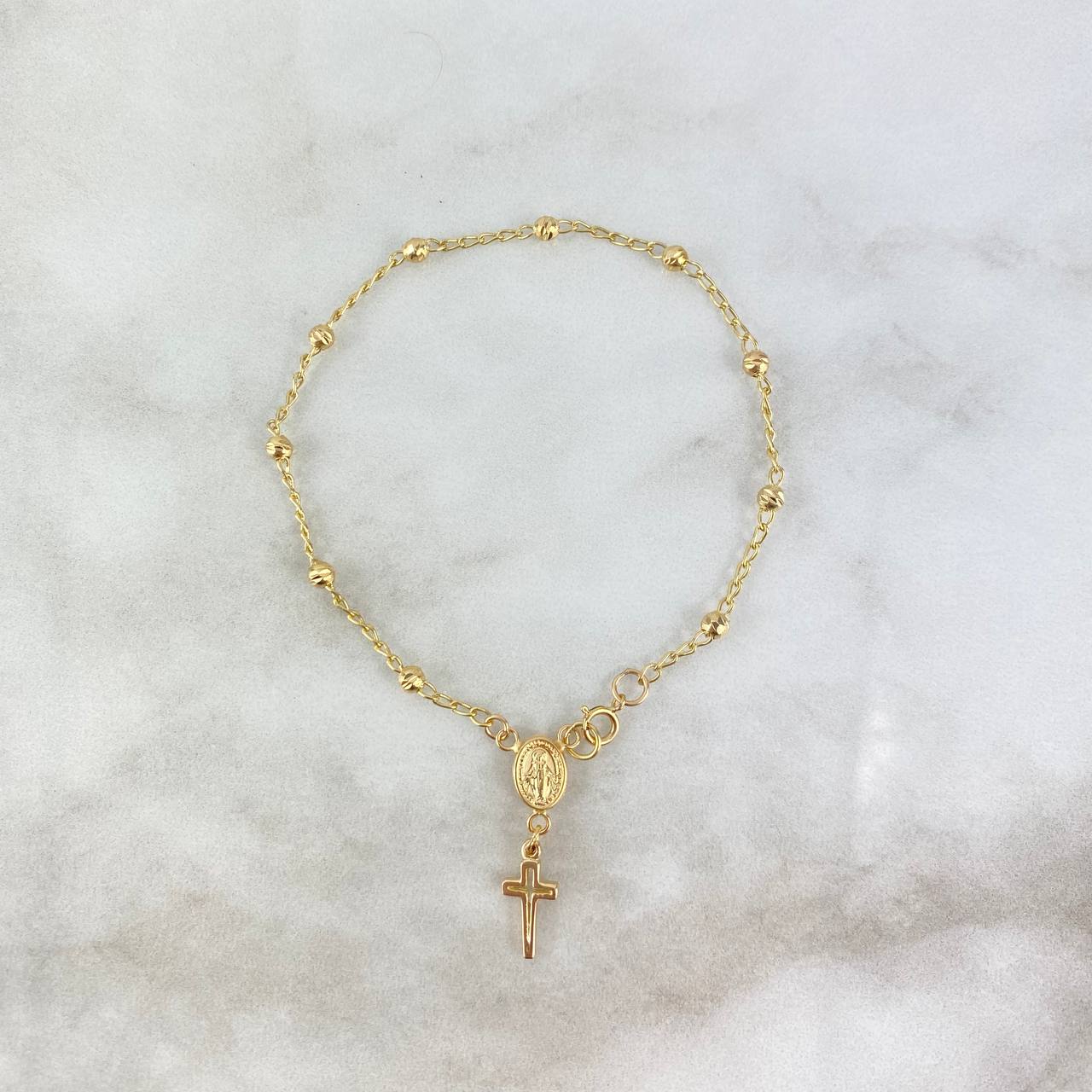 Pulso Denario Virgen Milagrosa 2.75gr / 18cm / 3mm Bolas Diamantadas Cruz Latina Oro Amarillo
