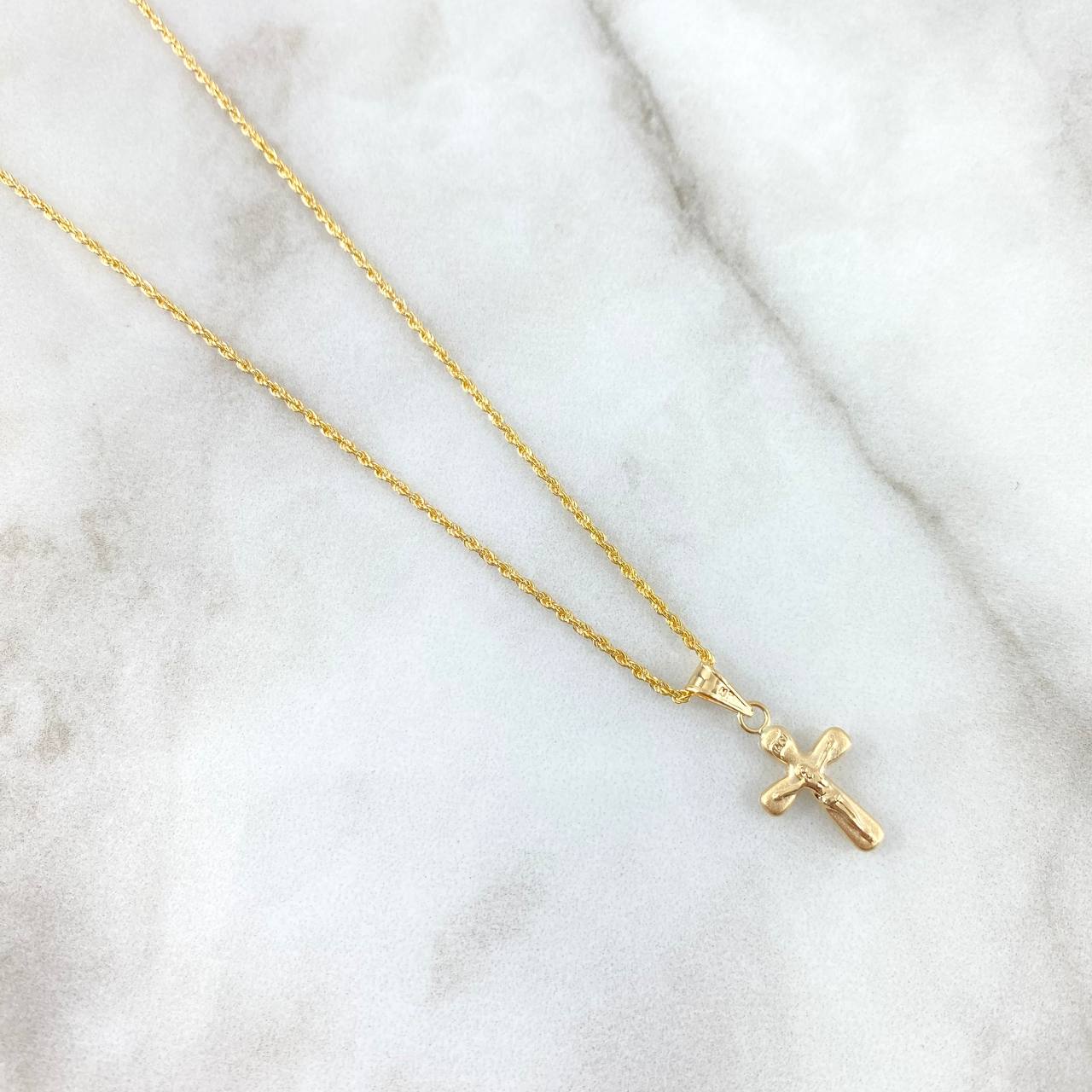 Cadena Lazo 1.1gr / 60cm + Dije Cruz Cristo Troquelada 0.35gr / 2cm Oro Amarillo (Oferta)