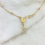 Tobillera Denario Virgen Milagrosa 3.05gr / 25cm / 3mm Bolas Diamantadas Cruz Circon Blanco Tres Oros