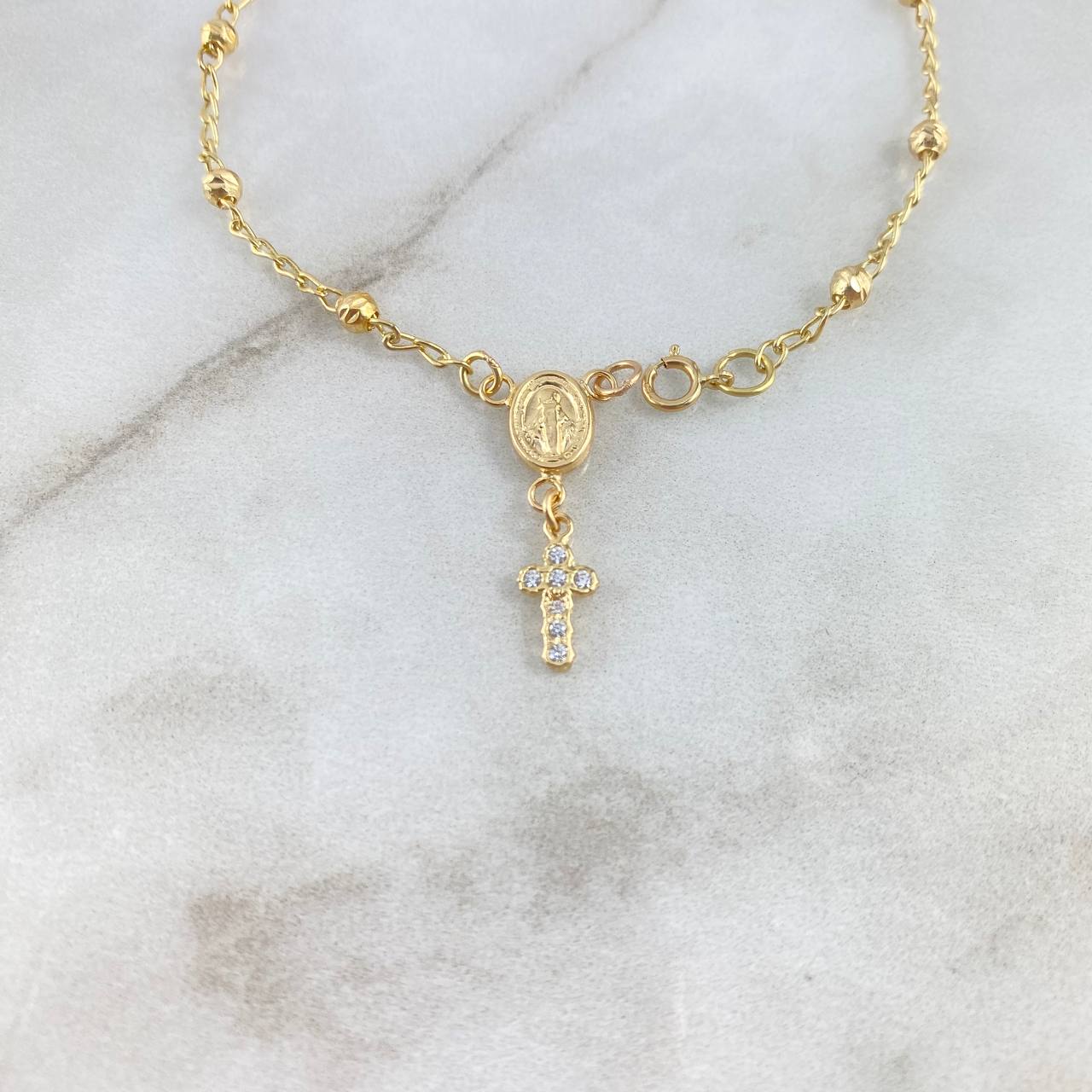 Pulso Denario Virgen Milagrosa 2.65gr / 18cm / 3mm Bolas Diamantadas Cruz Circulos Circones Blancos Oro Amarillo