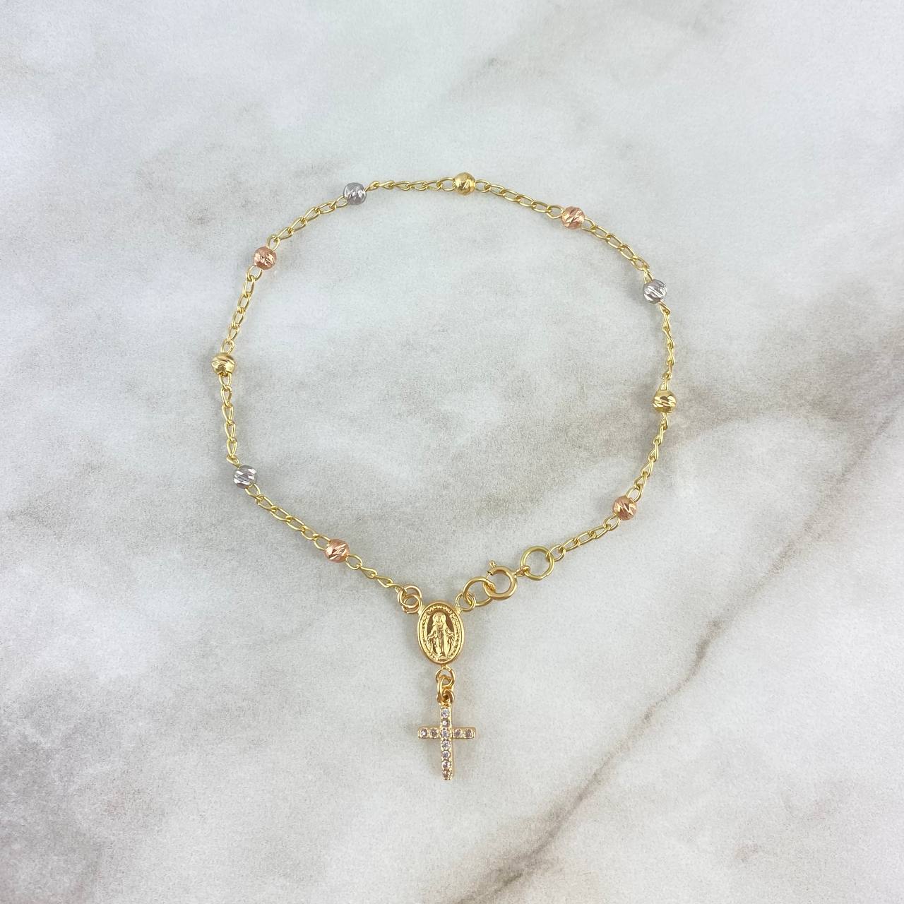 Pulso Denario Virgen Milagrosa 2.7gr / 18cm / 3mm Bolas Diamantadas Cruz Circones Blancos Tres Oros