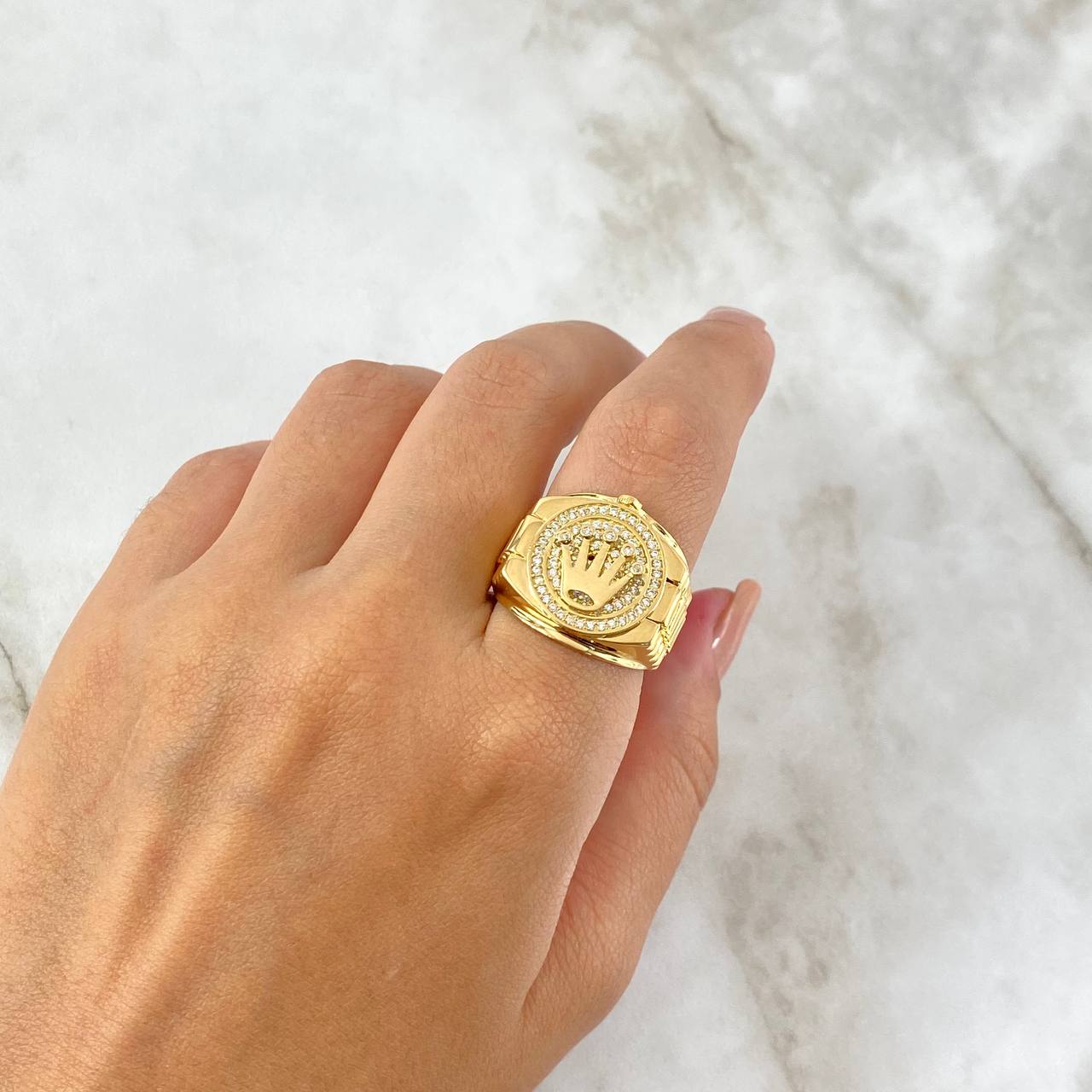 Anillo Cinturón Corona 10.4gr / T11 1/4 / Circones Blancos Oro Amarillo