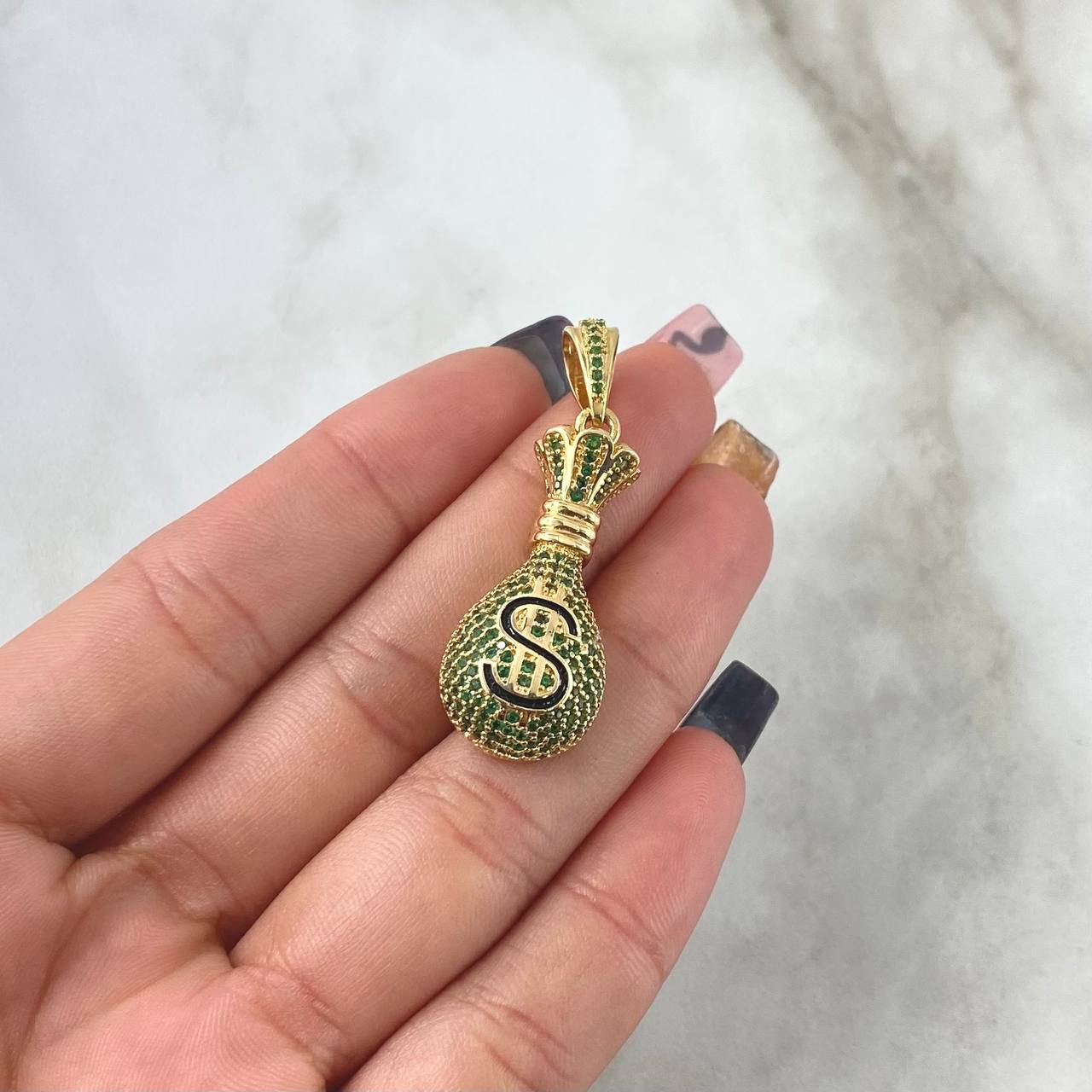 Dije Bolsa De Dinero 8.55gr / 4cm / Circones Verdes Oro Amarillo 18K