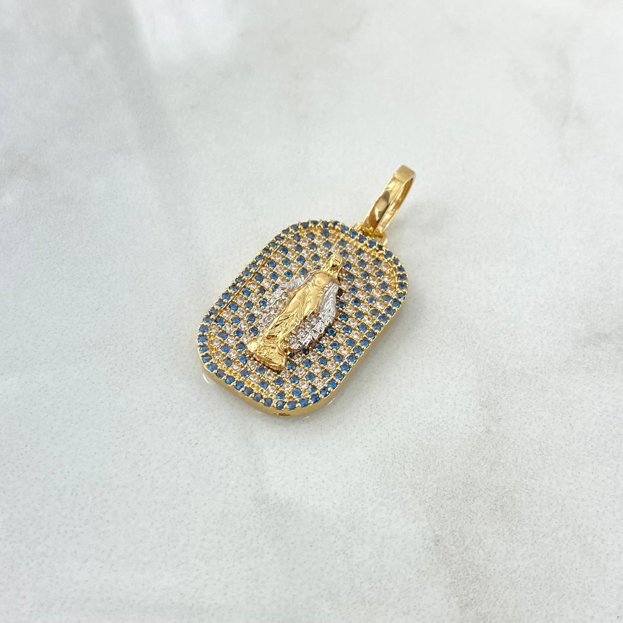 Dije Placa Virgen Milagrosa 6.35gr / 3.5cm / Circones Blancos Azules Dos Oros Amarillo Blanco 18K