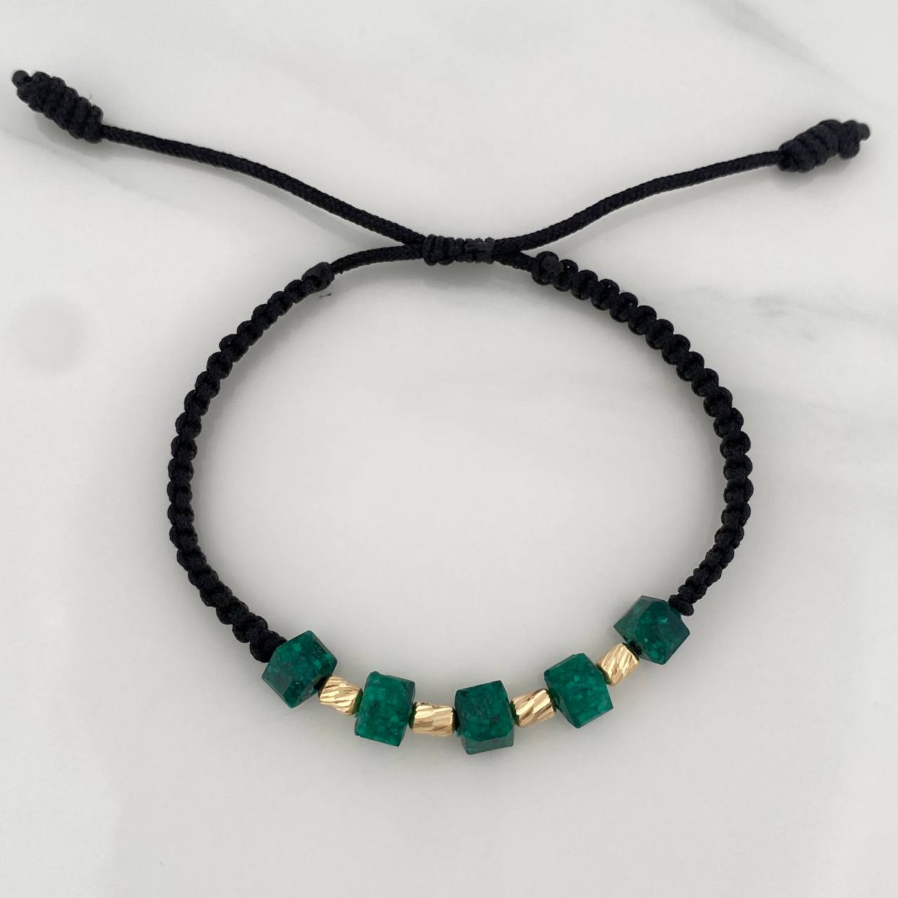 Pulsera Negra Morralla Cubica 6mm Cilindros 4und Oro Amarillo 18K &