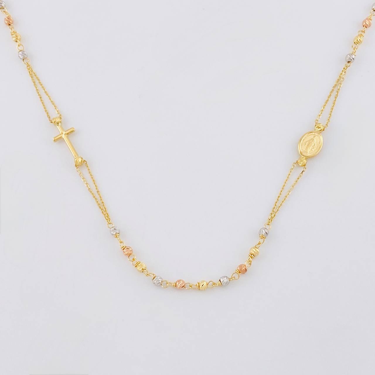Cadena Denario Virgen Milagrosa y Cruz Lisa 3.85g / 45cm / 2.4mm Tres Oros 18K