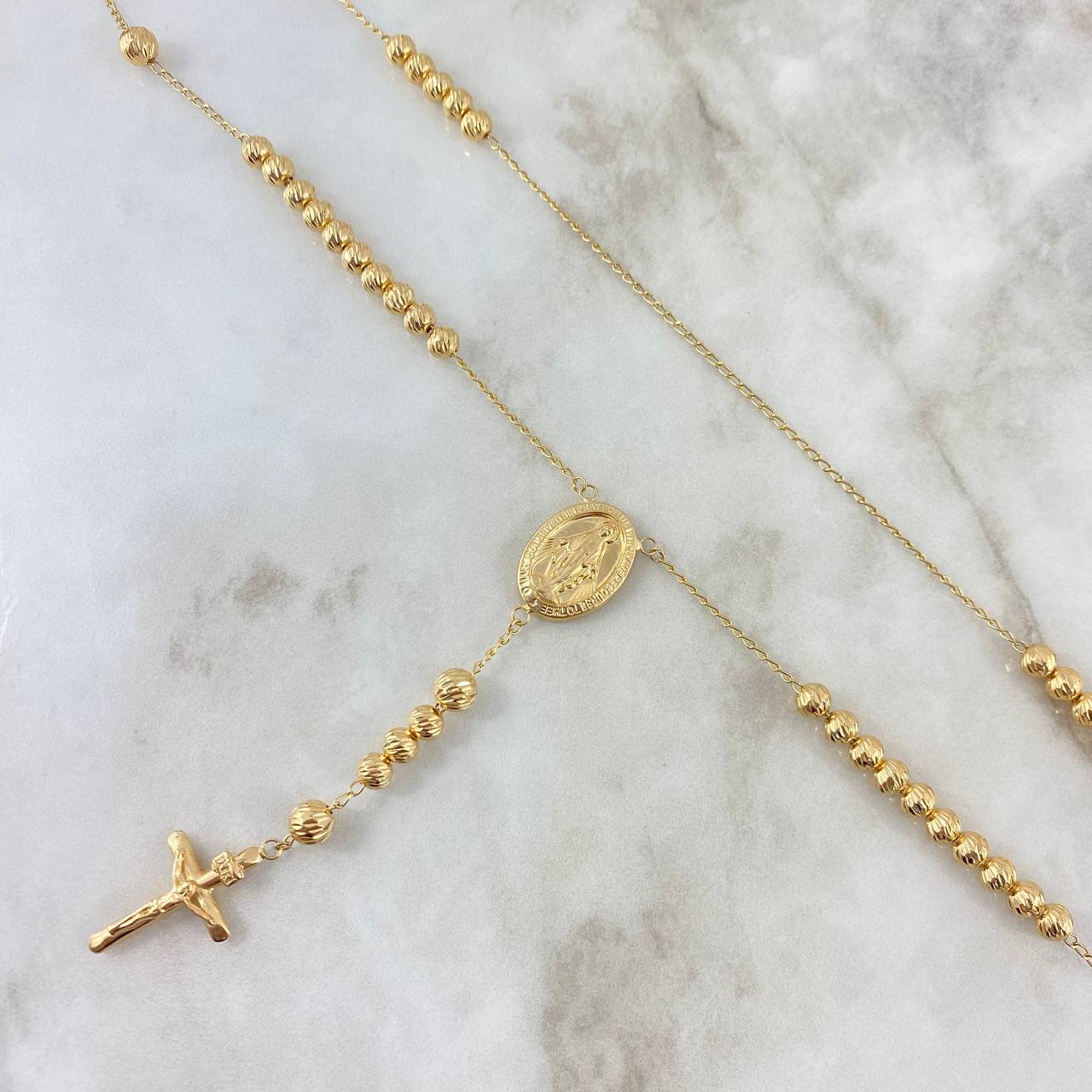 Rosario Espiga Virgen Milagrosa 16.45gr / 60cm / 6mm-5mm Bolas Diamantadas Oro Amarillo