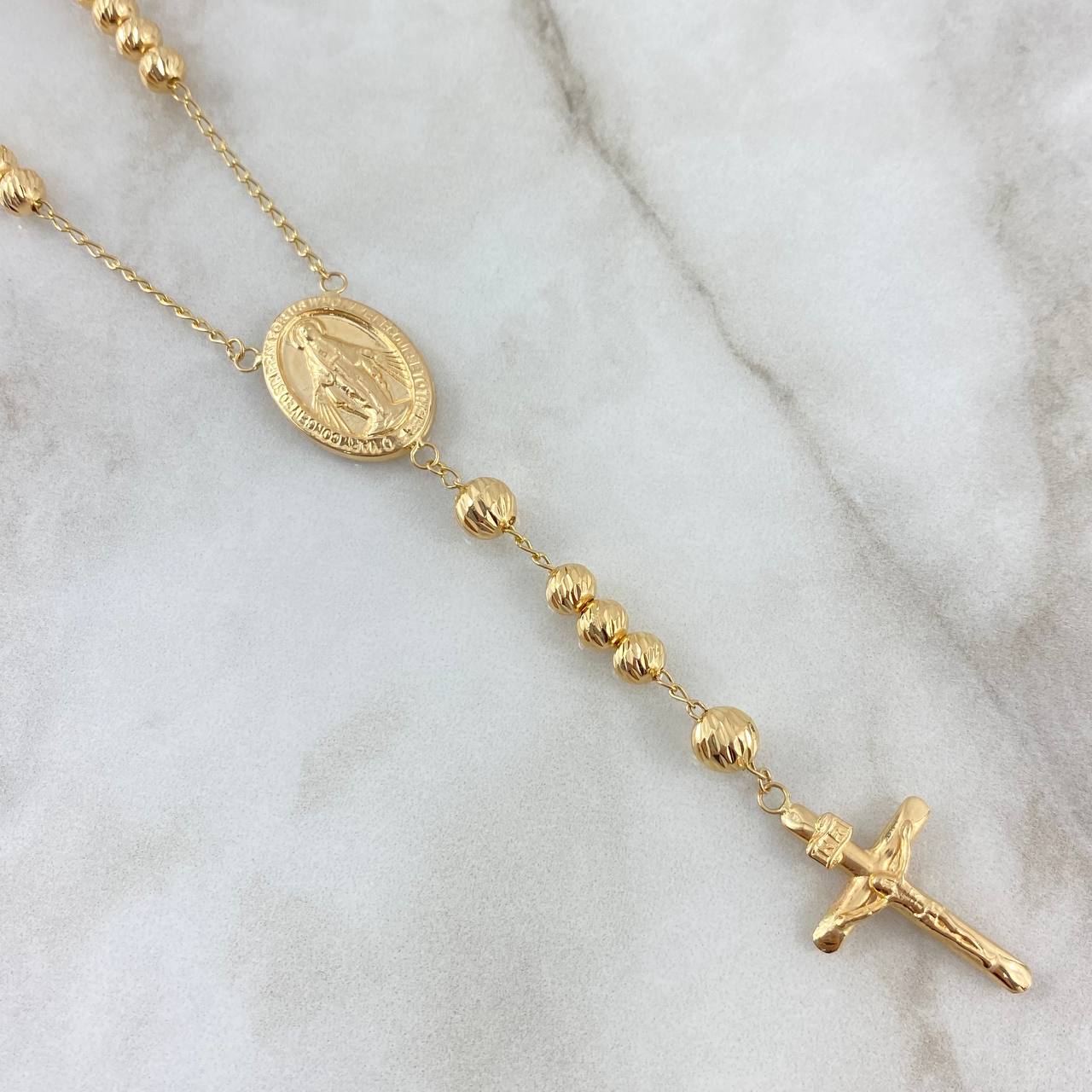 Rosario Espiga Virgen Milagrosa 16.45gr / 60cm / 6mm-5mm Bolas Diamantadas Oro Amarillo