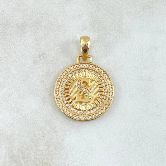Dije Medalla Letra S 5.05gr / 3.1cm / Circones Blancos Oro Amarillo 18K