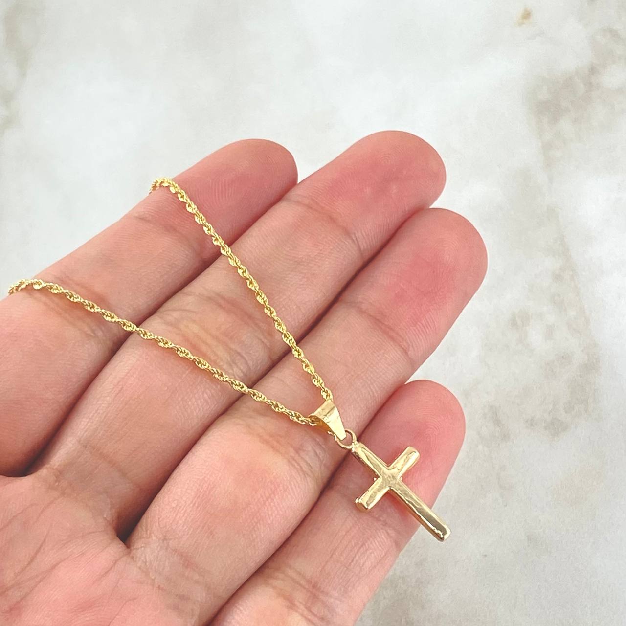 Set Cadena Lazo 1.15gr / 60cm / 1.2mm + Dije Crúz Lisa 0.5gr / 2.3cm / 1.65gr Oro 18K (Oferta) ©