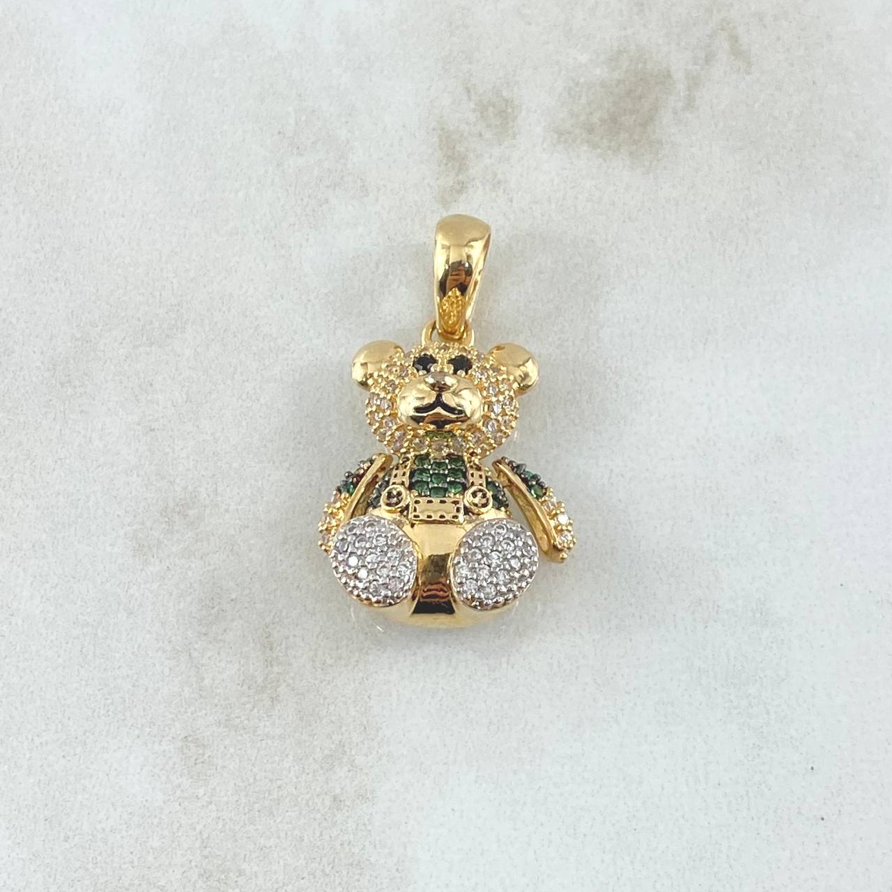 Dije Oso Articulado 6.2gr / 2.5cm /  Overol Circones Blancos - Verdes - Ojos Negros Oro Amarillo 18K