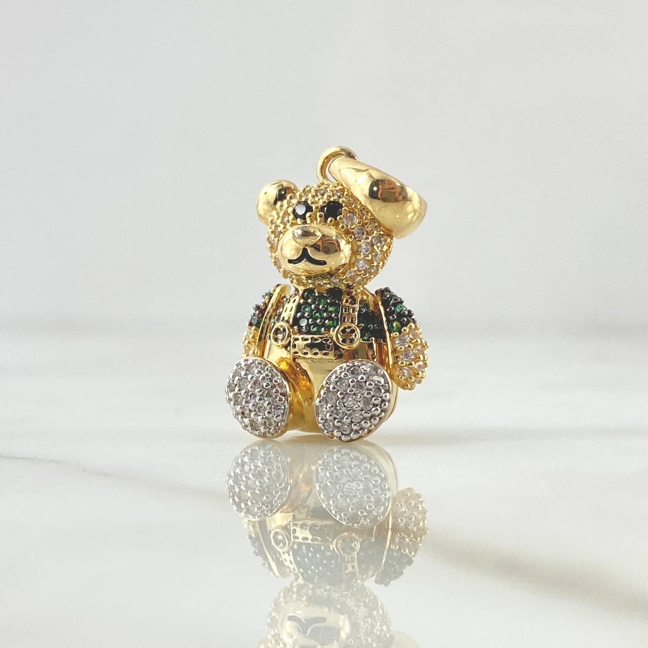 Dije Oso Articulado 6.2gr / 2.5cm /  Overol Circones Blancos - Verdes - Ojos Negros Oro Amarillo 18K