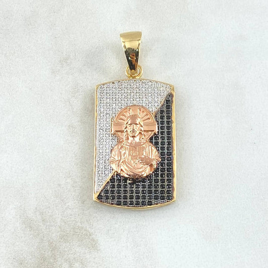 Dije Medalla Sagrado Corazon De Jesus 9.65gr / 3.8cm / Circones Blancos Negros Dos Oros Amarillo Rosa 18K