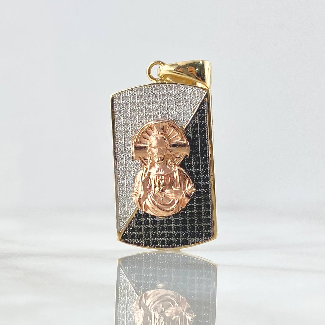 Dije Medalla Sagrado Corazon De Jesus 9.65gr / 3.8cm / Circones Blancos Negros Dos Oros Amarillo Rosa 18K