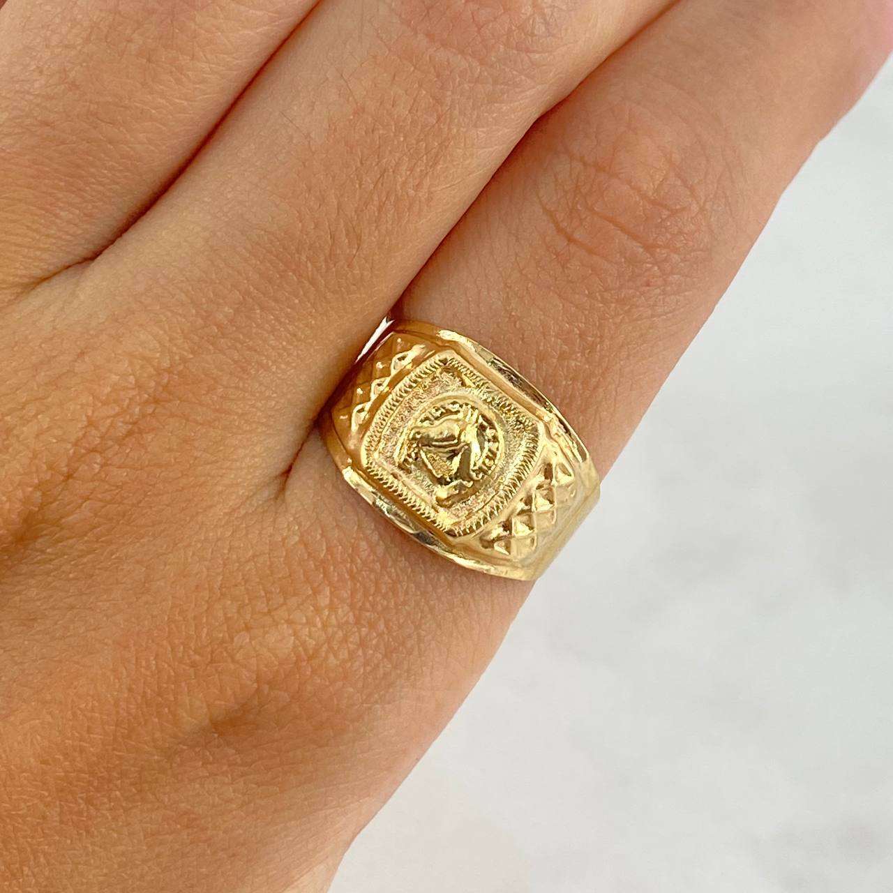 Anillo Sello Herradura Caballo 2.4gr / T9 / Rectangulo Mate Oro Amarillo ©