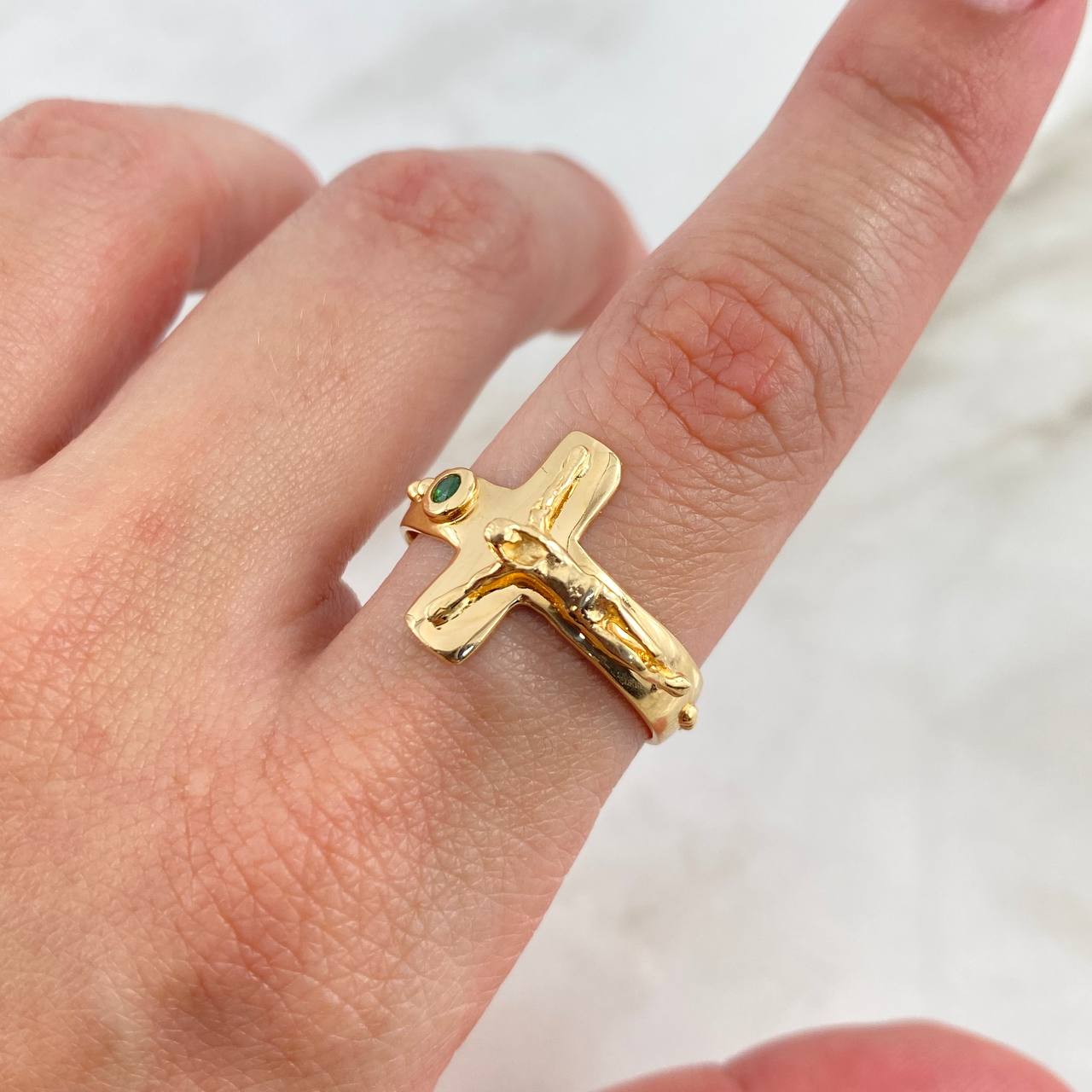 Anillo Cruz Cristo 6gr / T10 / Circon Verde Oro Amarillo