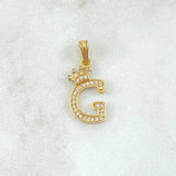 Dije Letra G Corona 1.4gr / 2.5cm / Circones Blancos Oro Amarillo 18K ©