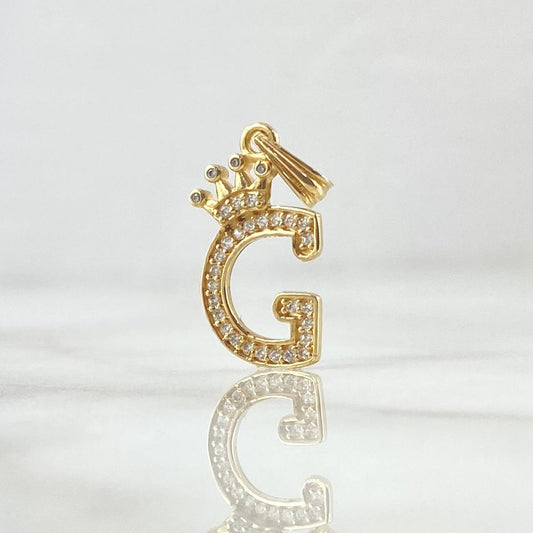 Dije Letra G Corona 1.4gr / 2.5cm / Circones Blancos Oro Amarillo 18K ©