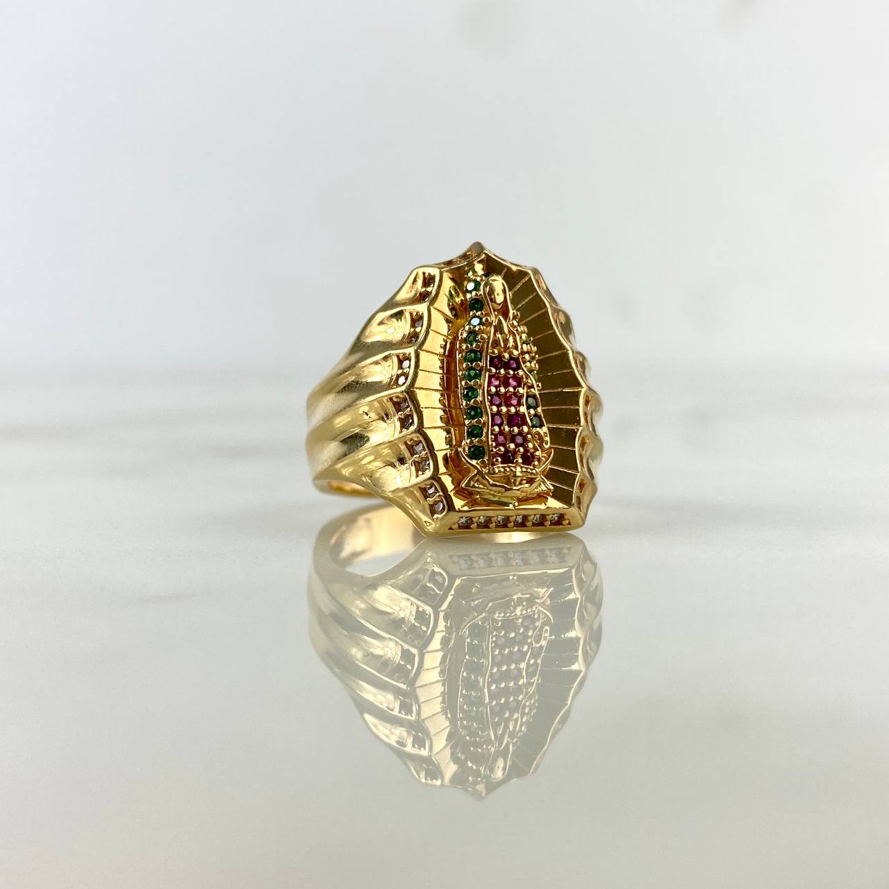 Anillo Virgen de Guadalupe 9.45gr / T7 1/2 / Circones Blancos Fucsias Verdes Oro Amarillo