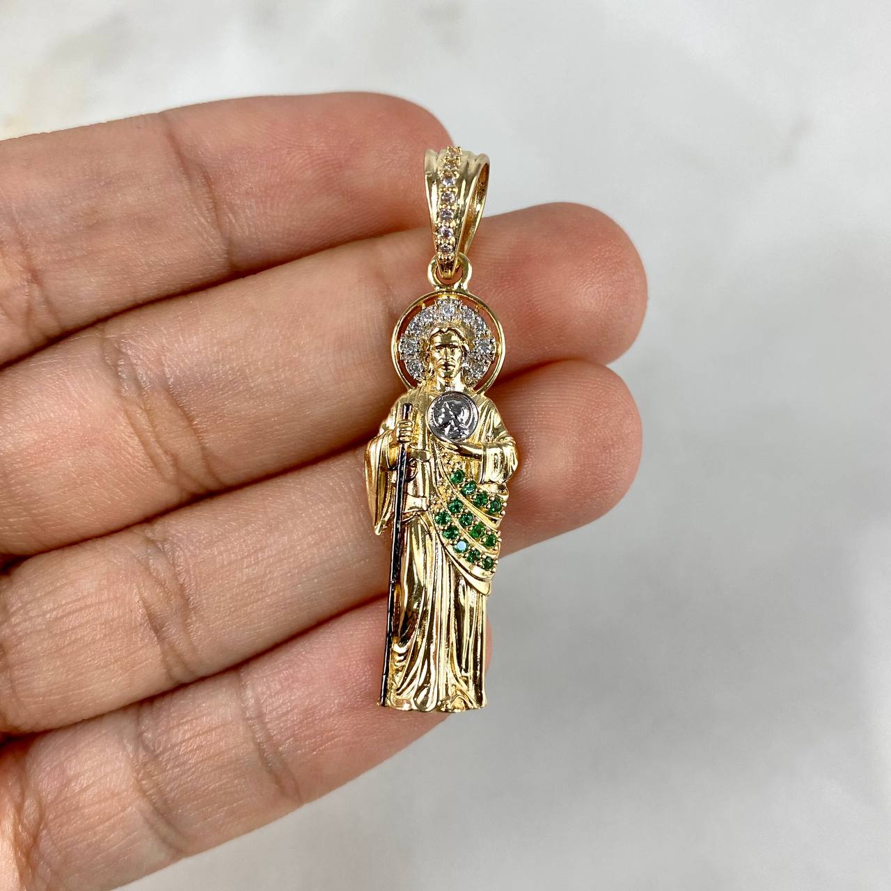 Dije San Judas Tadeo 4gr / 4cm / Circones Blancos Verdes Tres Oros