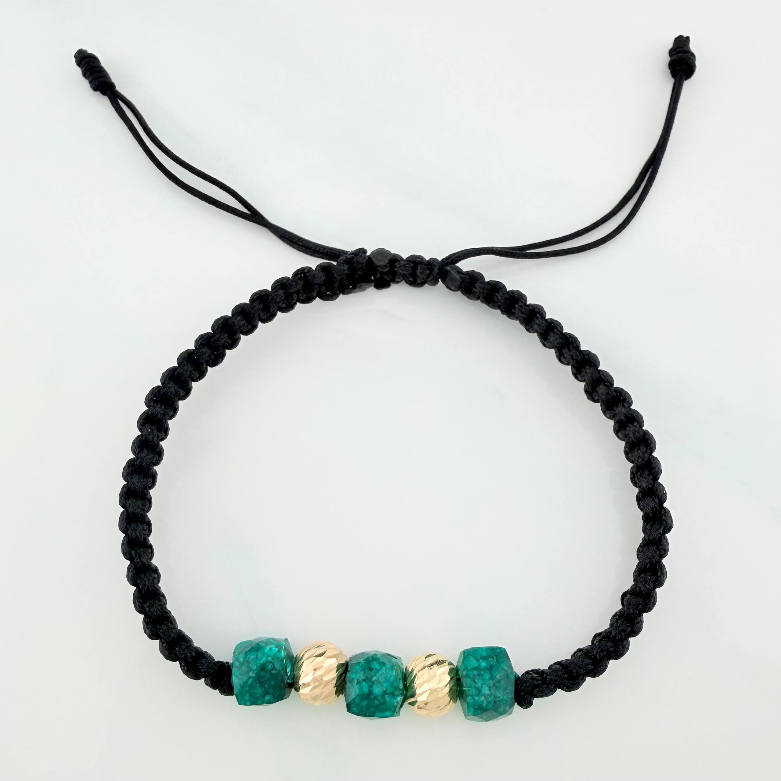 Pulsera Tejida Negra Morralla Esmeralda Cubica 3Und Bolas 2Und Oro Amarillo 18K