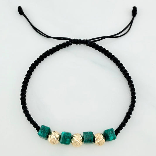 Pulsera Tejida Negra Morralla Esmeralda Cubica 4Und Bolas 3Und Oro Amarillo 18K