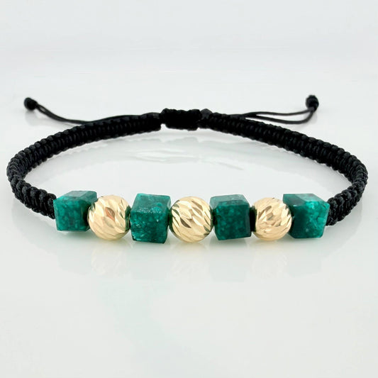 Pulsera Tejida Negra Morralla Esmeralda Cubica 4Und Bolas 3Und Oro Amarillo 18K