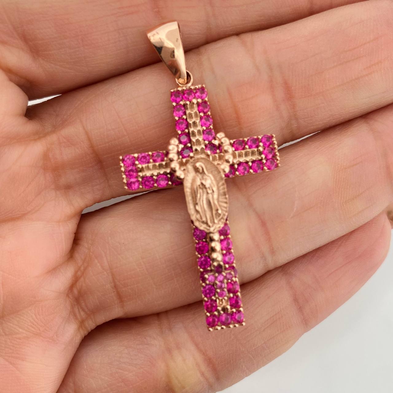 Dije Cruz Rosario Virgen Guadalupe 5.6gr / 4.4cm / Oro Rosa 18K