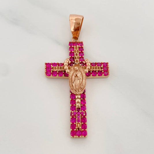 Dije Cruz Rosario Virgen Guadalupe 5.8gr / 4.4cm / Oro Rosa 18K
