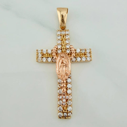 Dije Cruz Rosario Virgen Guadalupe 5.8gr / 4.5cm / Dos Oros Amarillo Rosa 18K %