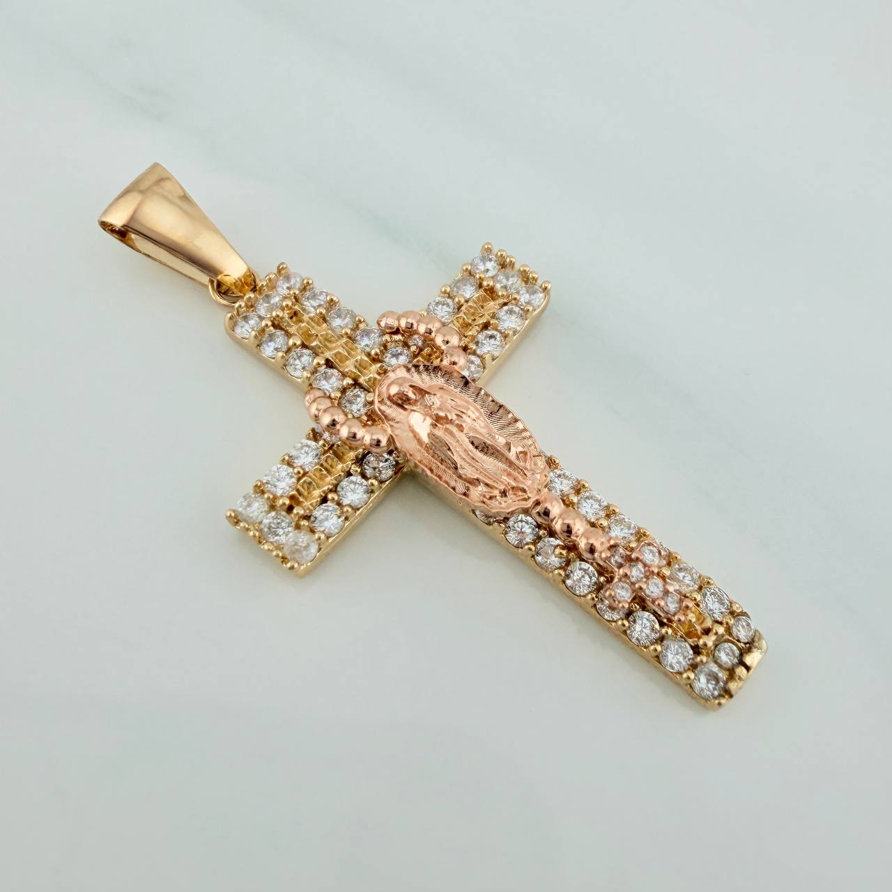 Dije Cruz Rosario Virgen Guadalupe 5.9gr / 4.5cm / Dos Oros Amarillo Rosa 18K $