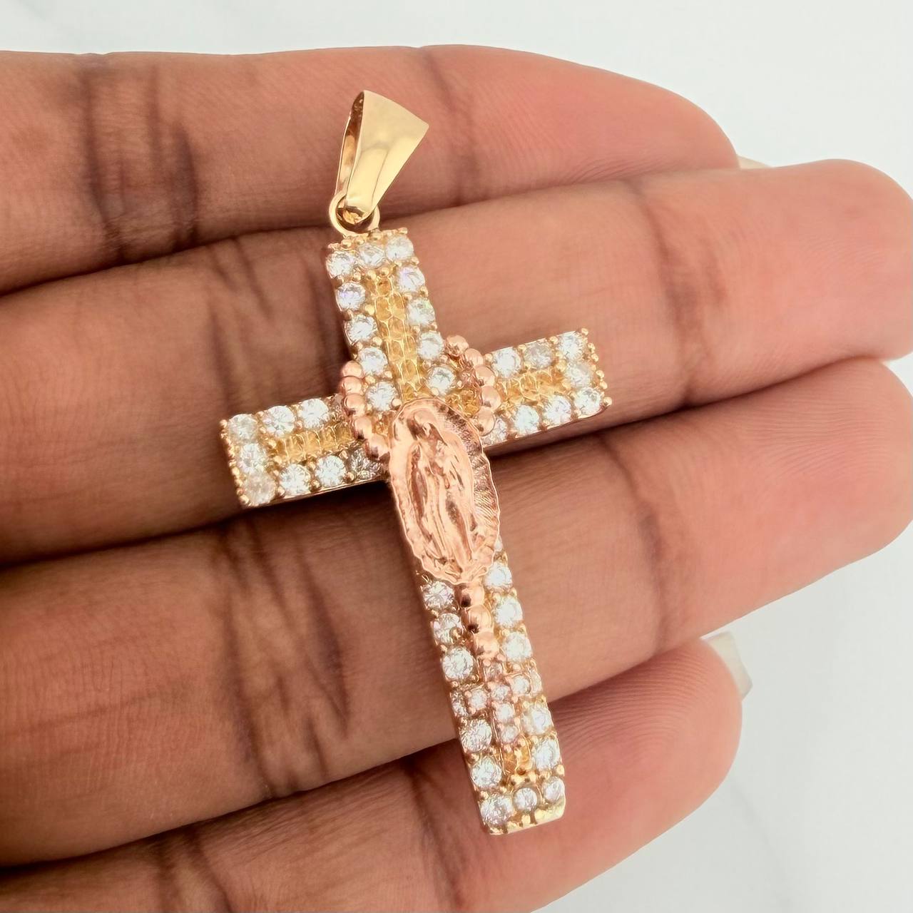 Dije Cruz Rosario Virgen Guadalupe 5.8gr / 4.5cm / Dos Oros Amarillo Rosa 18K %