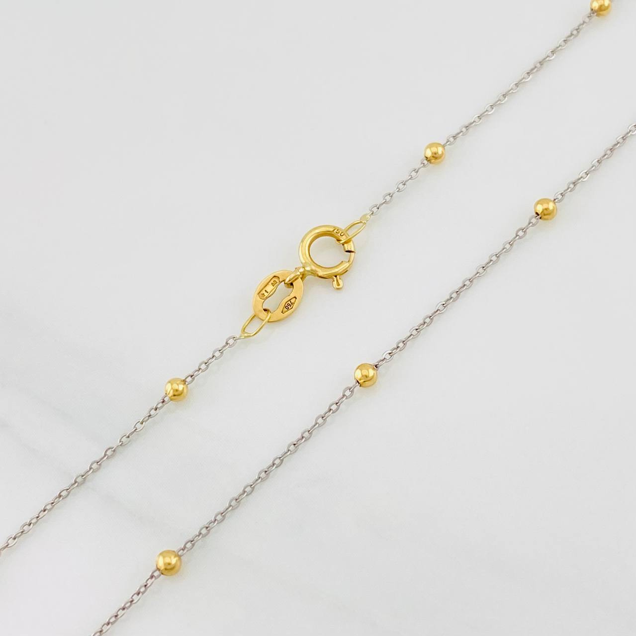 Cadena Aro Seguido Bolas 1.2g / 45cm / 0.79mm Dos Oros Amarillo Blanco 18K