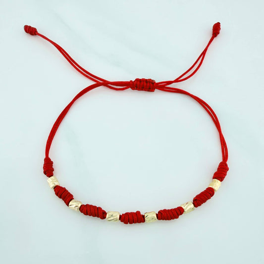 Pulsera Tejida Roja 7 Nudos 6 Cilindros Diamantado Oro Amarillo 18K