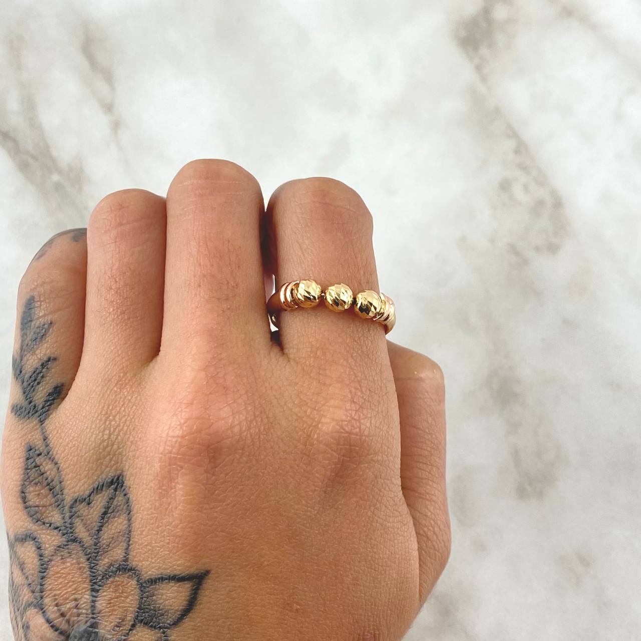 Anillo Trio De Bolas 1.4gr / T7 1/4 / 5mm Bolas Diamantadas Dos Oros Amarillo Rosa 18K
