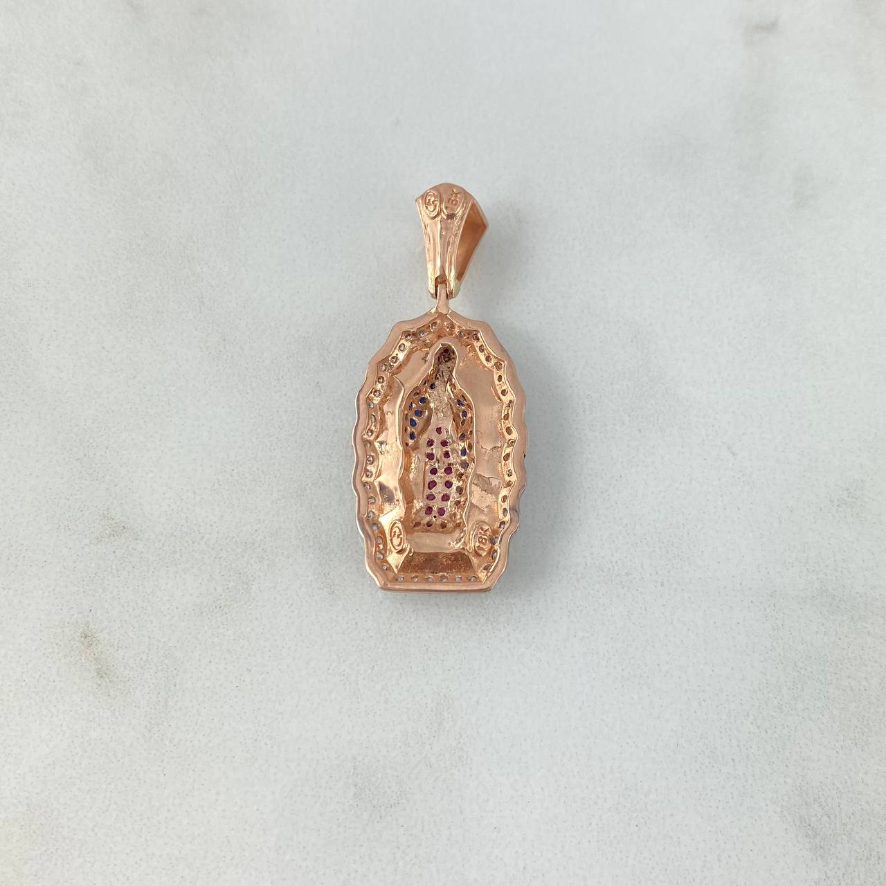 Dije Virgen de Guadalupe 5.05gr / 3.6cm / Silueta Circones Azules Fucsias Dos Oros Blanco Rosa