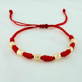 Pulsera Tejida Roja 7 Nudos 6 Cilindros Diamantado Oro Amarillo 18K