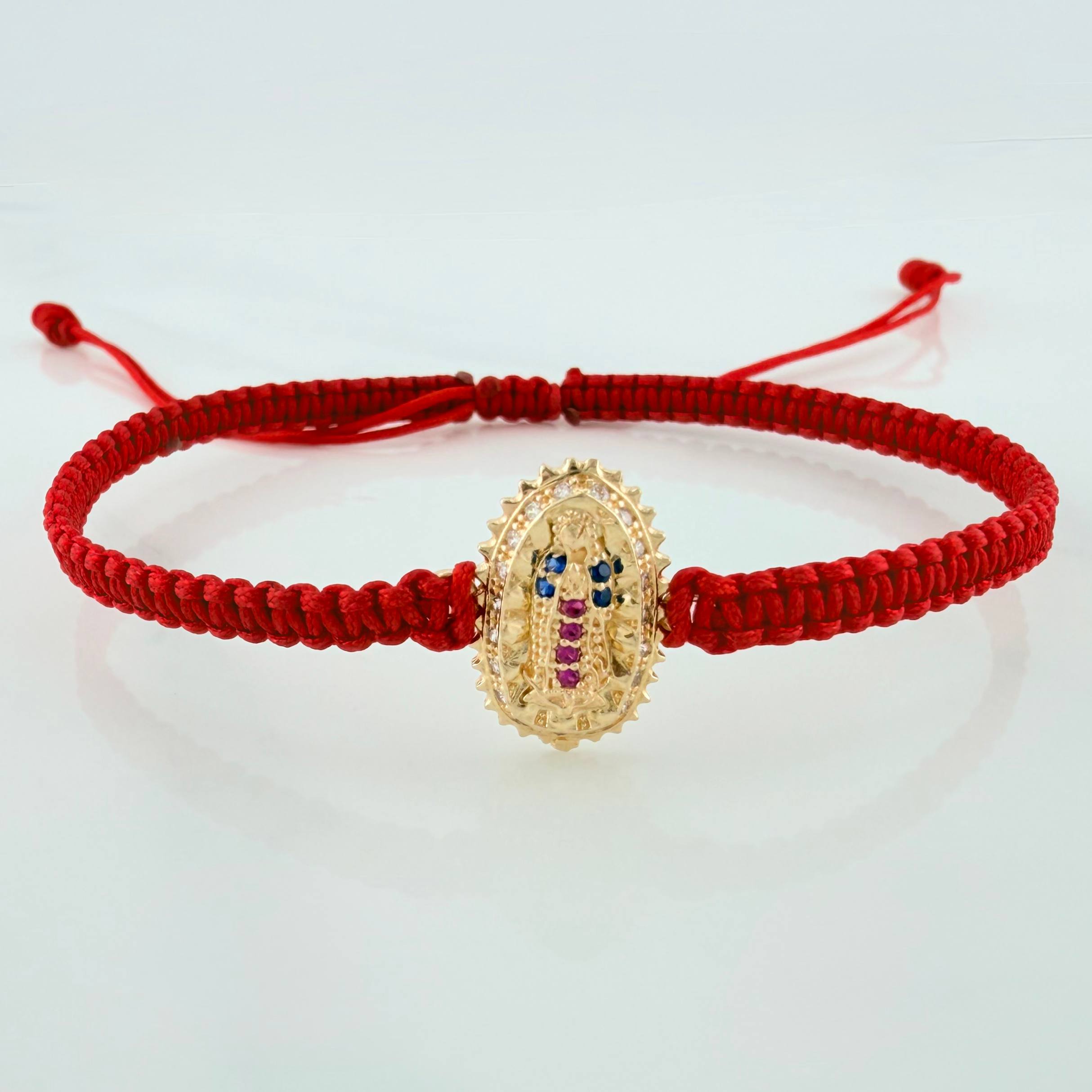 Pulsera Tejida Roja Virgen De Guadalupe Oro Amarillo 18K