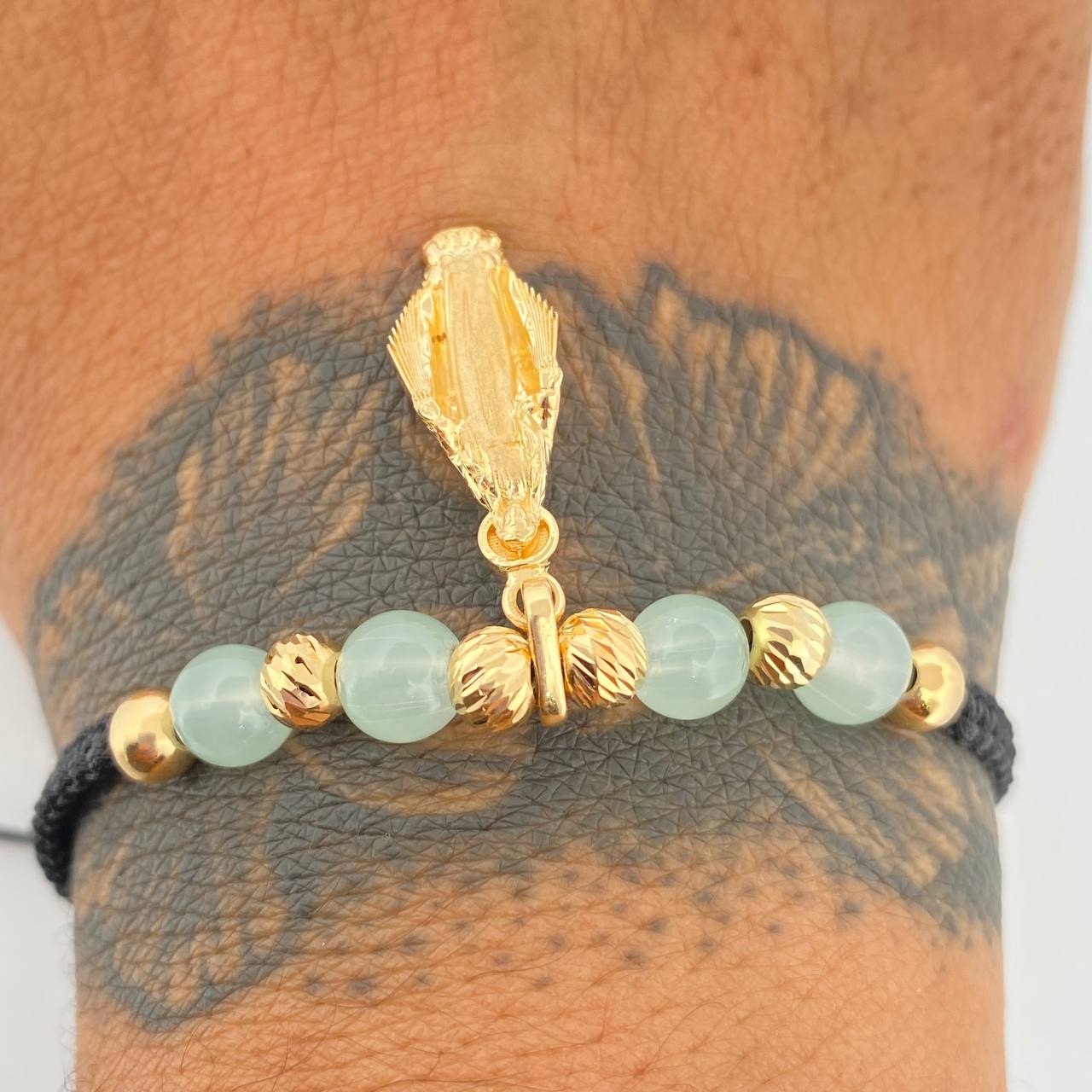 Pulsera Tejida Negra Virgen Milagrosa 3.05gr / 5mm Oro Amarillo 18K %