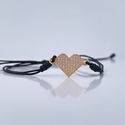 Pulsera Tejida Negra Corazón 1gr / Oro Amarrillo 18K %