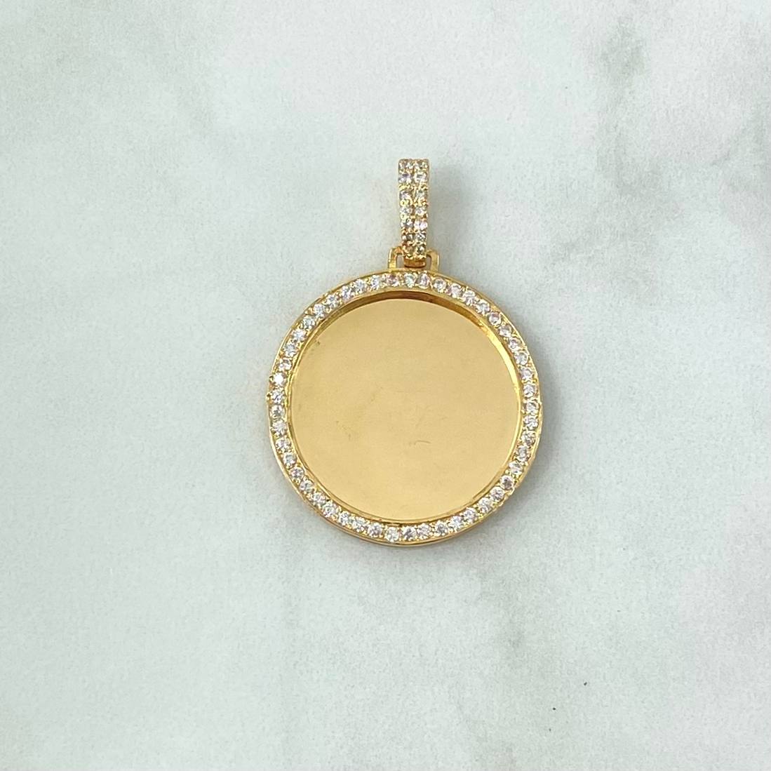 Dije Placa Circular Espejo 8.9gr / 4cm / Circones Blancos Oro Amarillo 18K ©