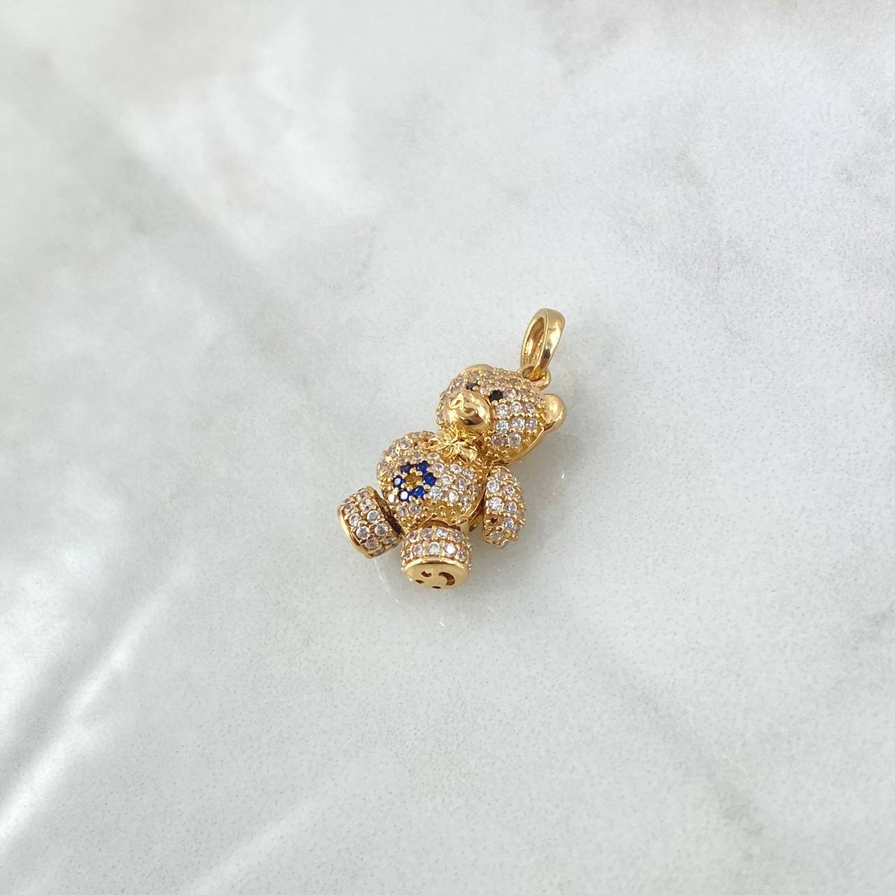 Dije Oso Articulado Corazón 4.25gr / 2.5cm / Circones Blancos-Azul-Ojos Negros Oro Amarillo 18K ©