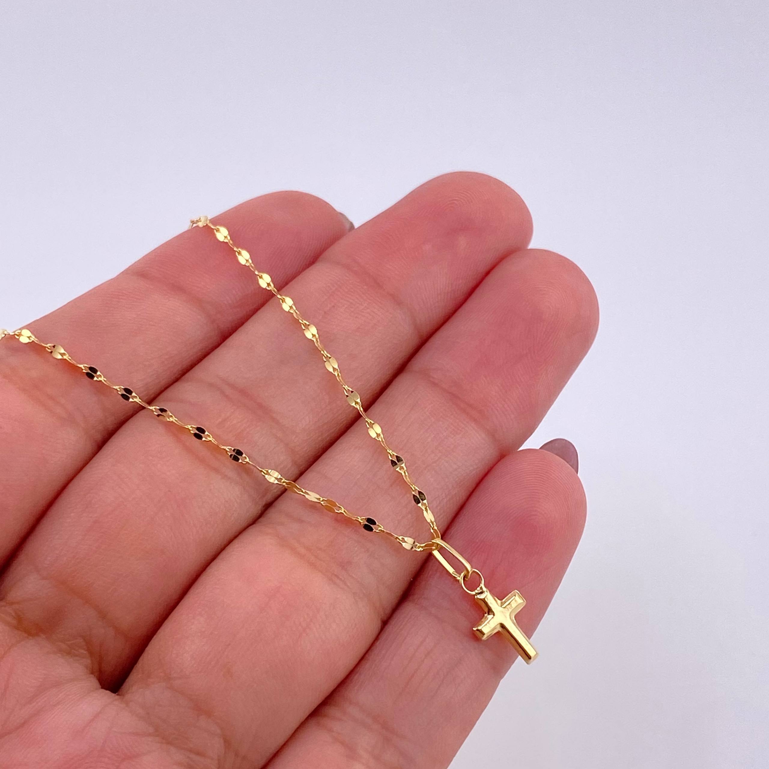 Set Cadena Flor Espejo + Dije Cruz / 1.1g / 45cm Oro Amarillo 18K